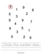 Circle the number nine Handwriting Sheet