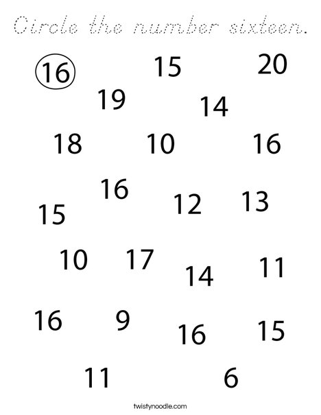 Circle the  number sixteen. Coloring Page