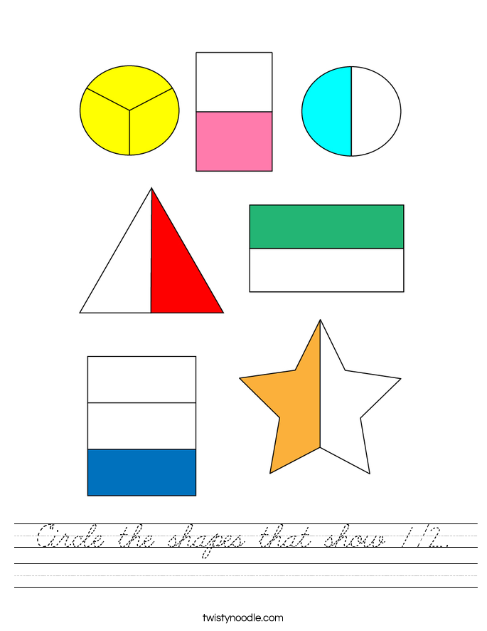 Circle the shapes that show 1/2. Worksheet