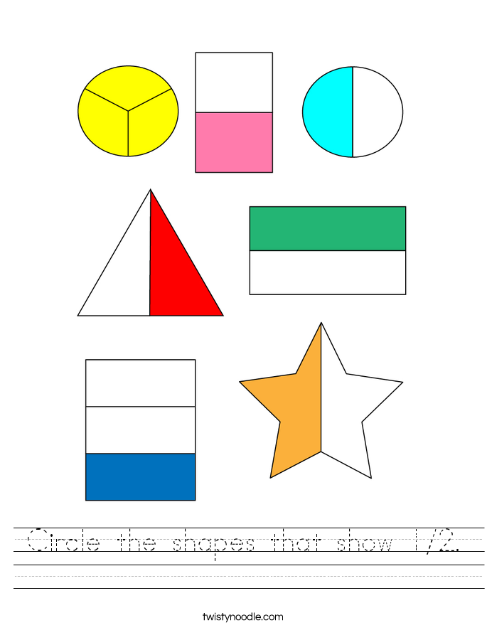 Circle the shapes that show 1/2. Worksheet