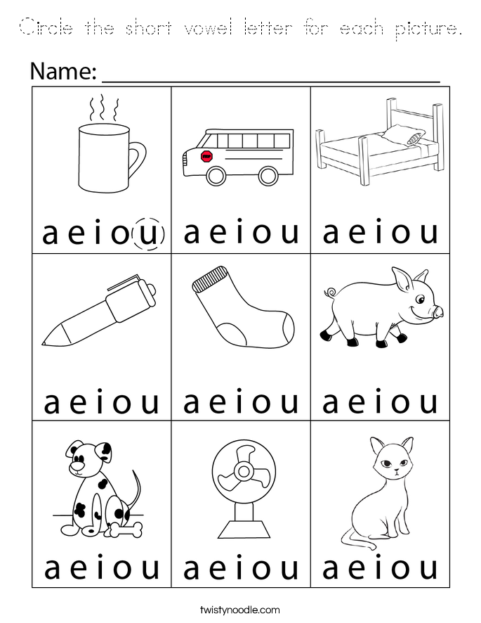 Circle the short vowel letter for each picture. Coloring Page