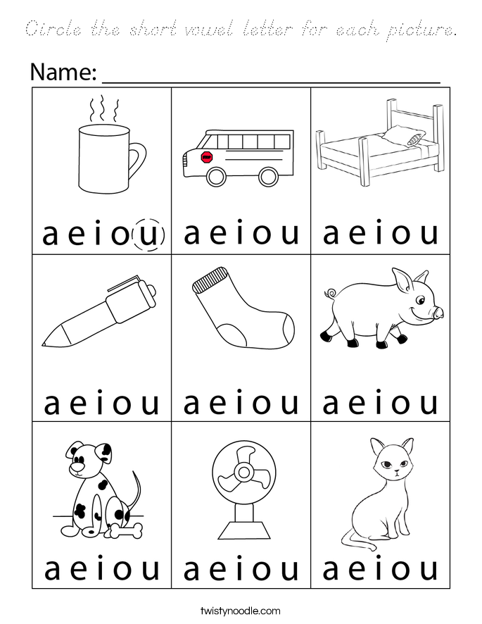 Circle the short vowel letter for each picture. Coloring Page