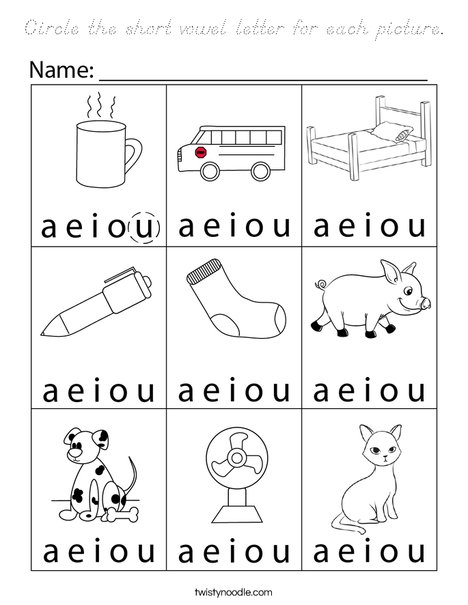 Circle the short vowel letter for each picture. Coloring Page