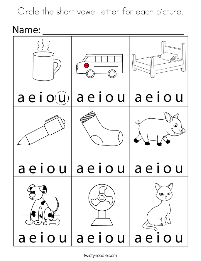 Circle the short vowel letter for each picture. Coloring Page