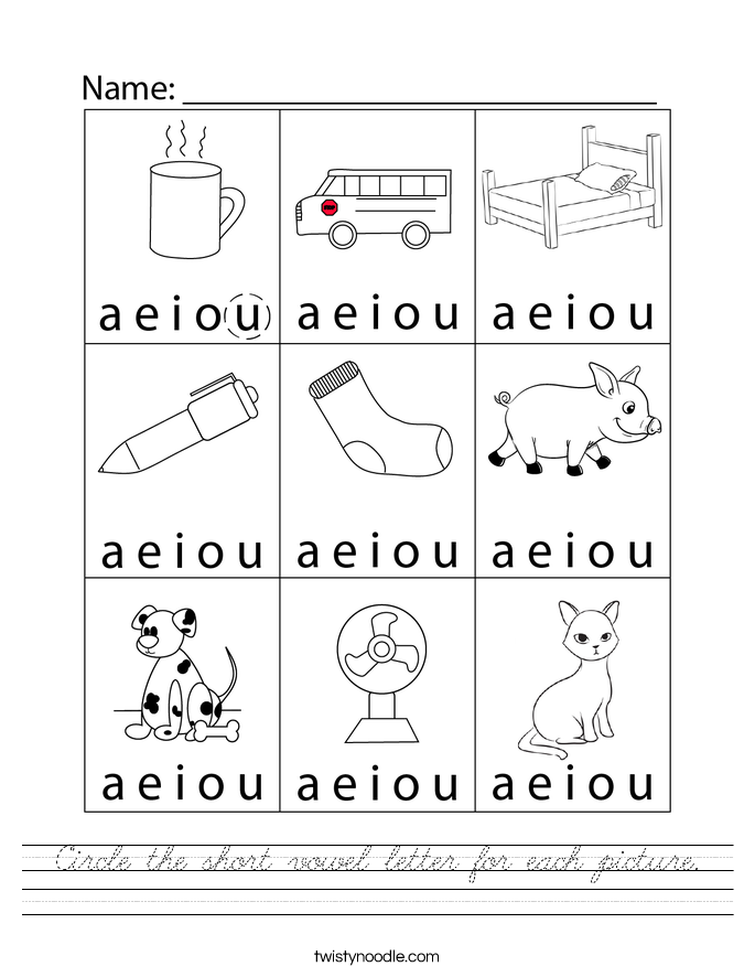 Circle the short vowel letter for each picture. Worksheet