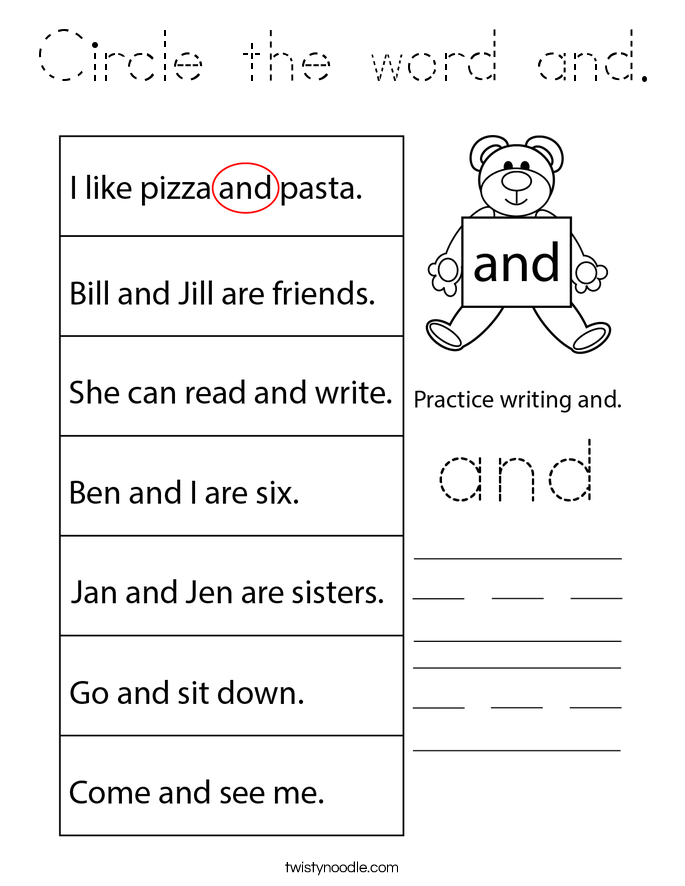 Circle the word and. Coloring Page