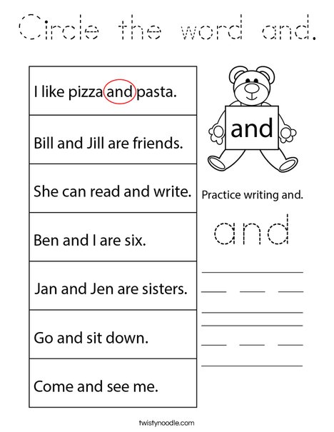 Circle the word and. Coloring Page
