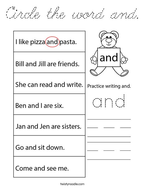 Circle the word and. Coloring Page