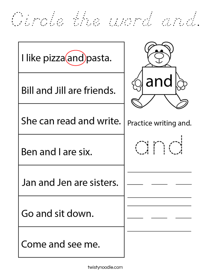 Circle the word and. Coloring Page