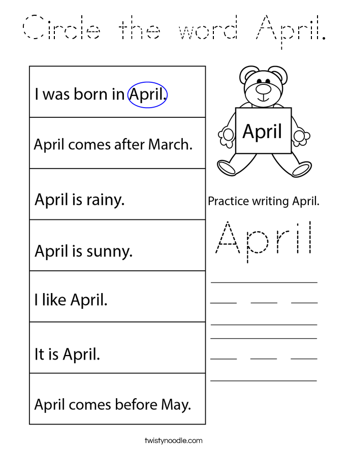 Circle the word April. Coloring Page