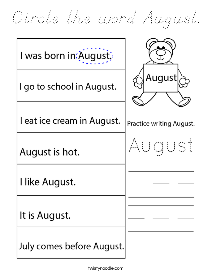 Circle the word August. Coloring Page