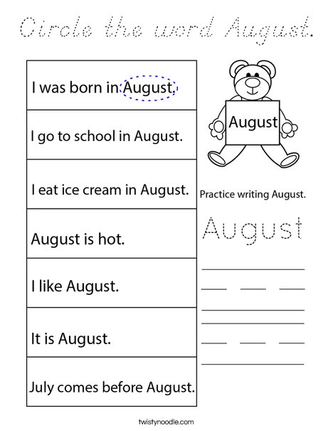 Circle the word August. Coloring Page
