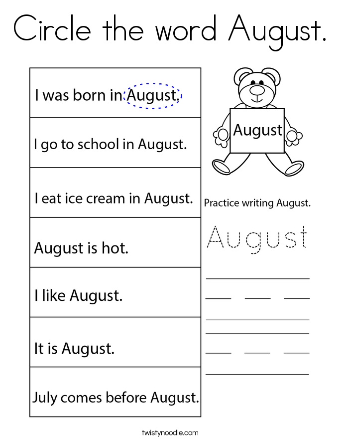 Circle the word August. Coloring Page