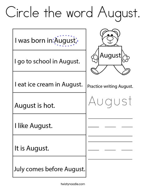 Circle the word August. Coloring Page