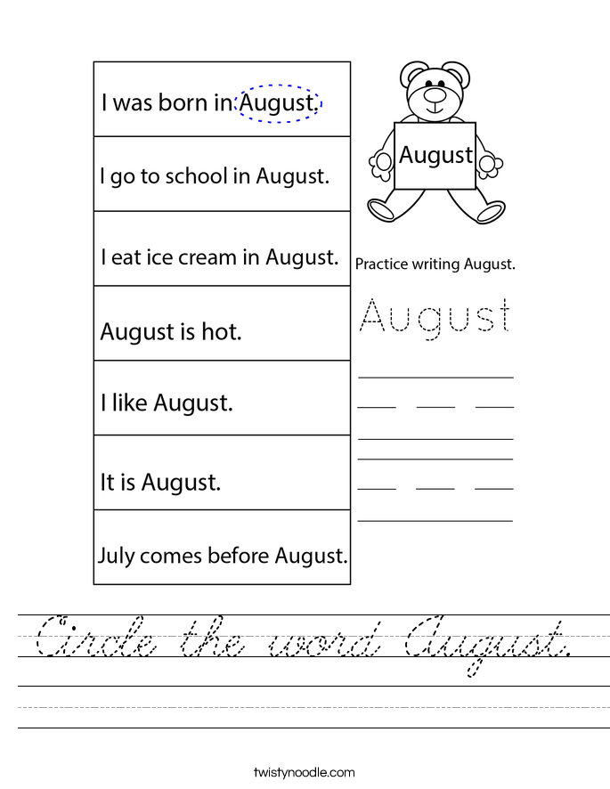 Circle the word August. Worksheet