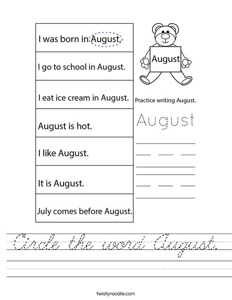 Circle the word August. Worksheet