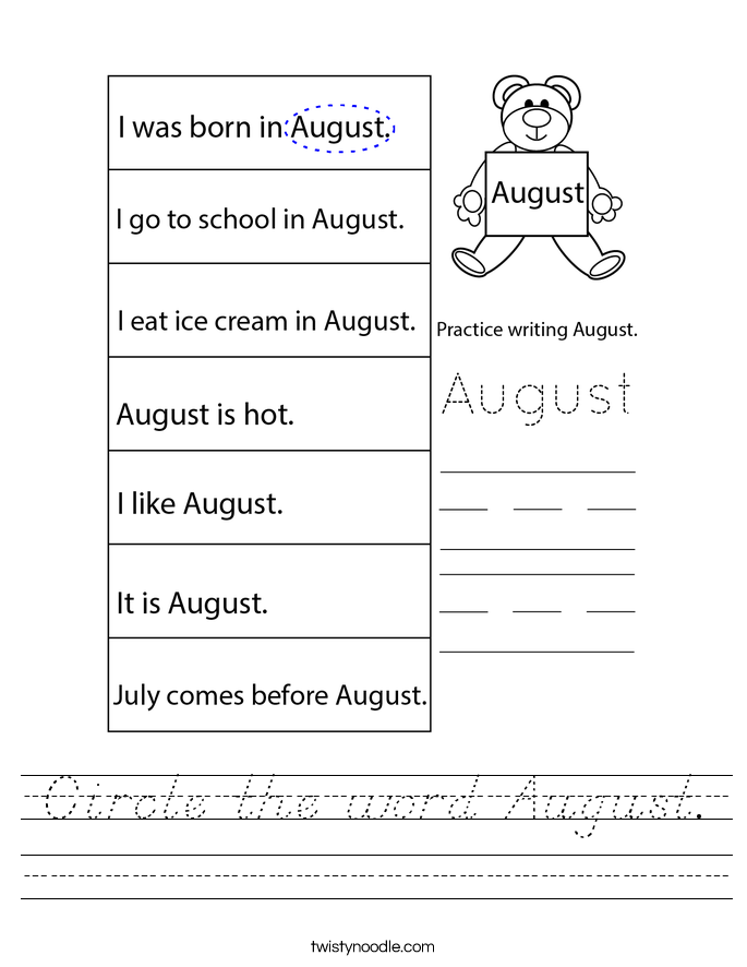 Circle the word August. Worksheet