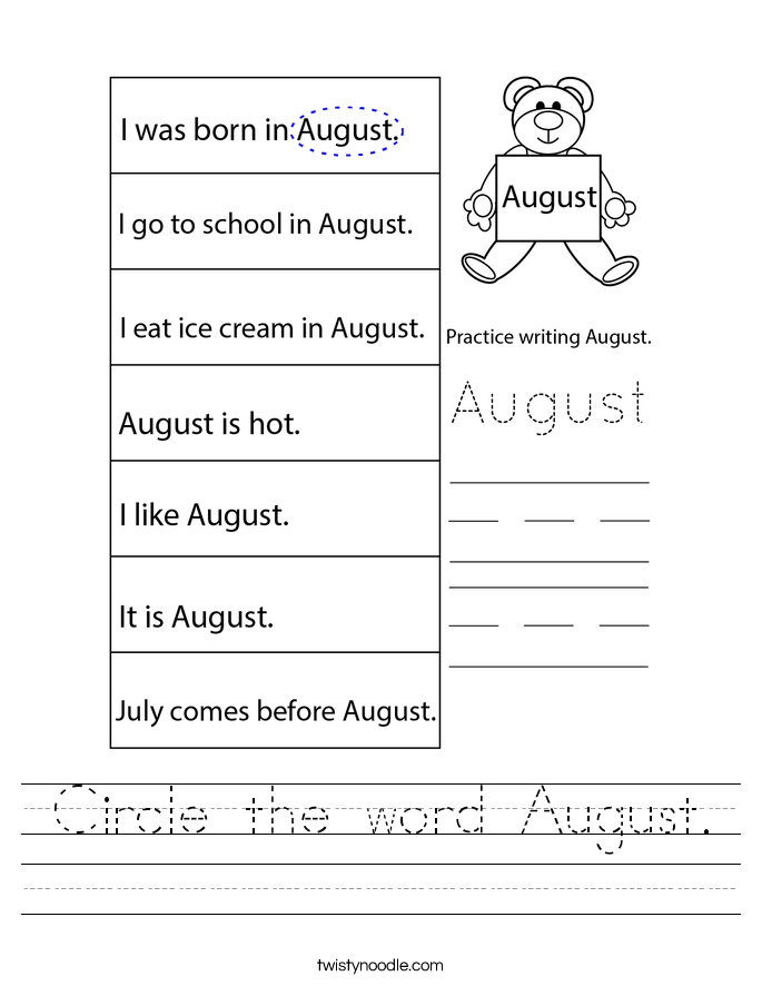 Circle the word August. Worksheet
