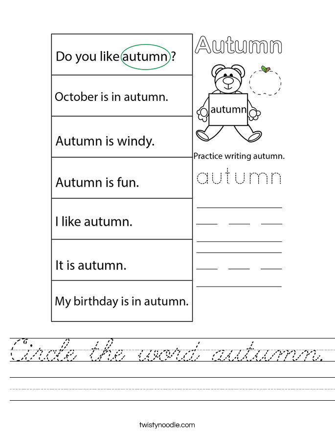 Circle the word autumn. Worksheet