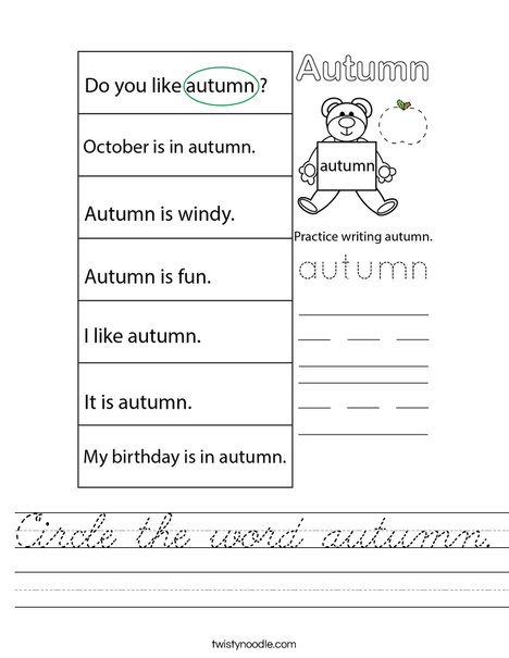 Circle the word autumn. Worksheet