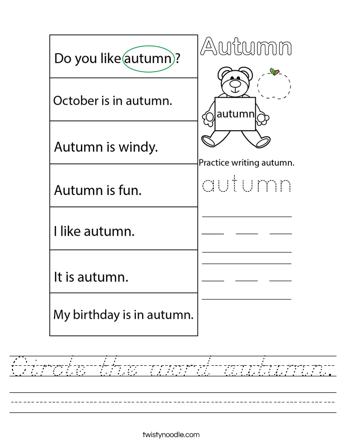 Circle the word autumn. Worksheet