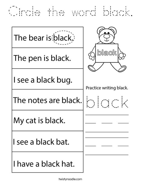 Circle the word black. Coloring Page