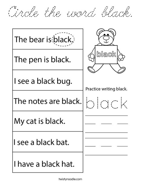 Circle the word black. Coloring Page