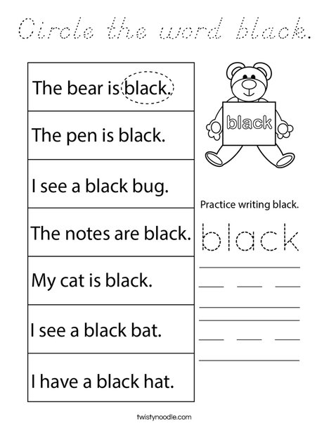 Circle the word black. Coloring Page