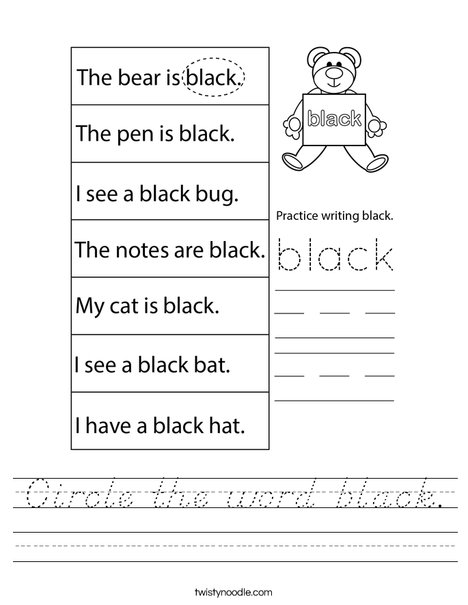 Circle the word black. Worksheet