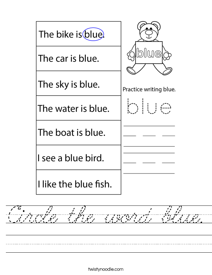 Circle the word blue. Worksheet