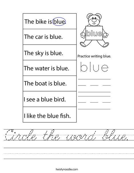 Circle the word blue. Worksheet
