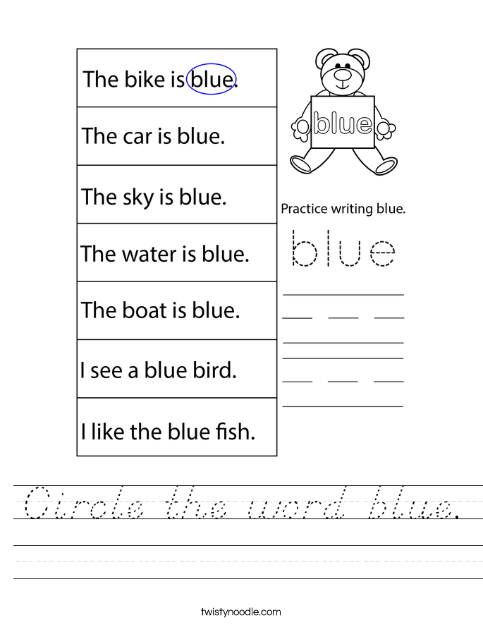 Circle the word blue. Worksheet