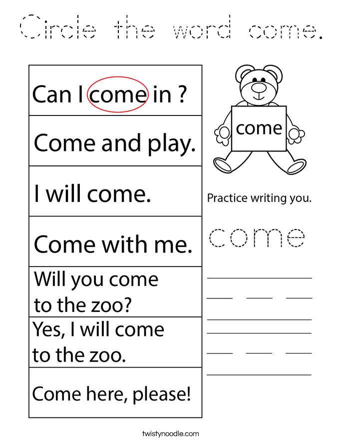 Circle the word come. Coloring Page