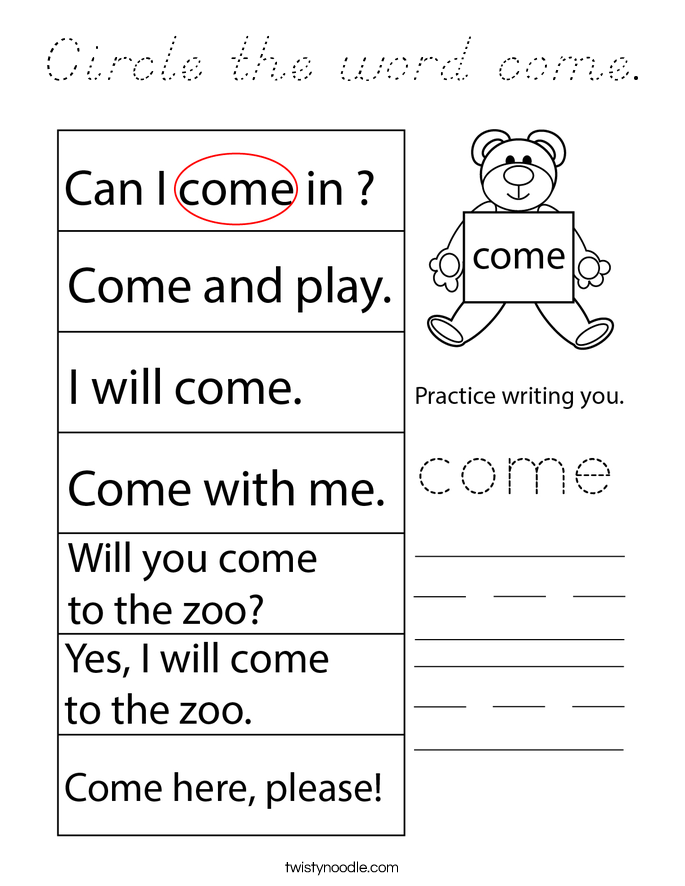 Circle the word come. Coloring Page