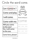 Circle the word come Coloring Page