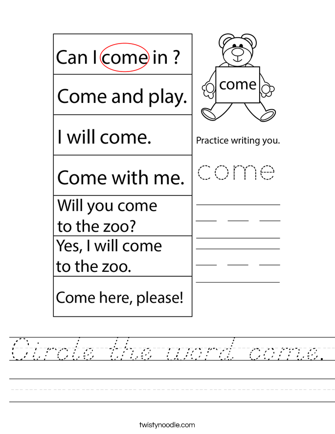 Circle the word come. Worksheet