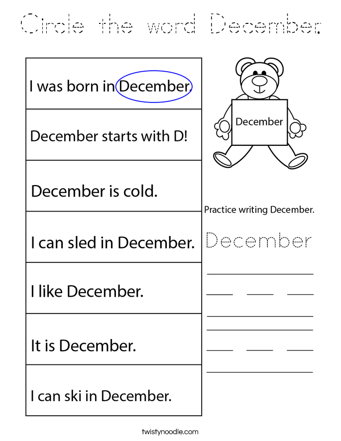 Circle the word December. Coloring Page