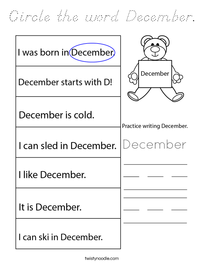 Circle the word December. Coloring Page