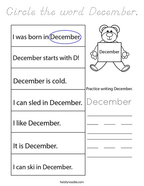 Circle the word December. Coloring Page