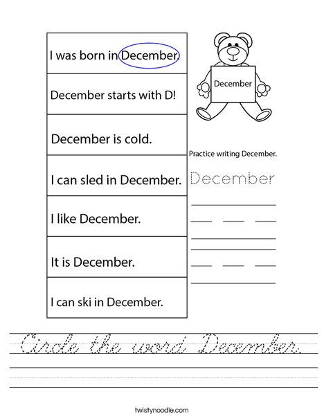 Circle the word December. Worksheet