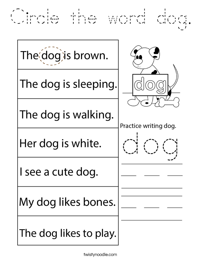 Circle the word dog. Coloring Page