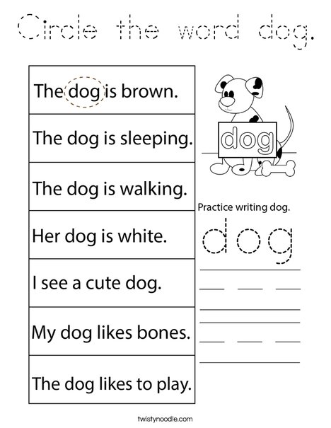 Circle the word dog. Coloring Page