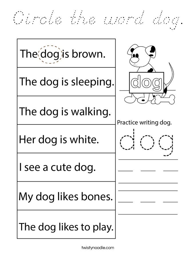 Circle the word dog. Coloring Page