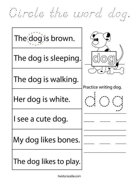 Circle the word dog. Coloring Page