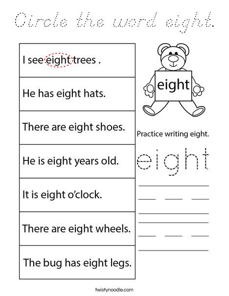 Circle the word eight. Coloring Page