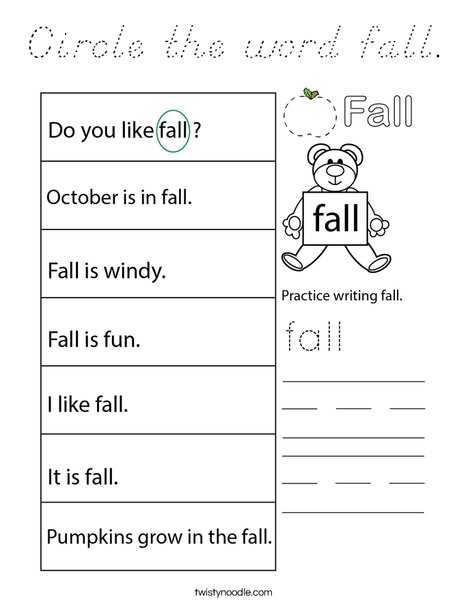 Circle the word fall. Coloring Page