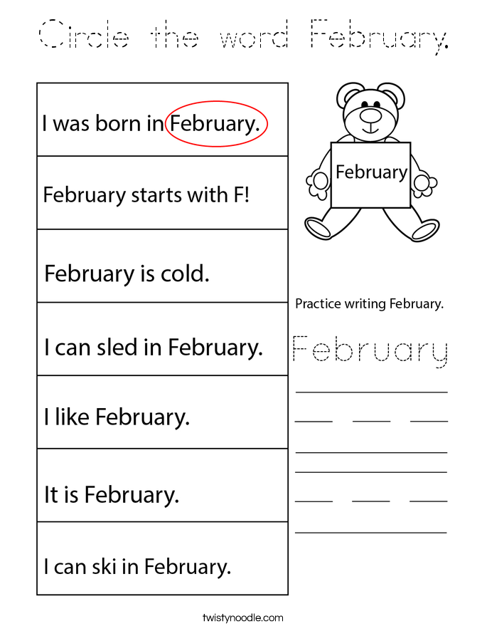 Circle the word February. Coloring Page