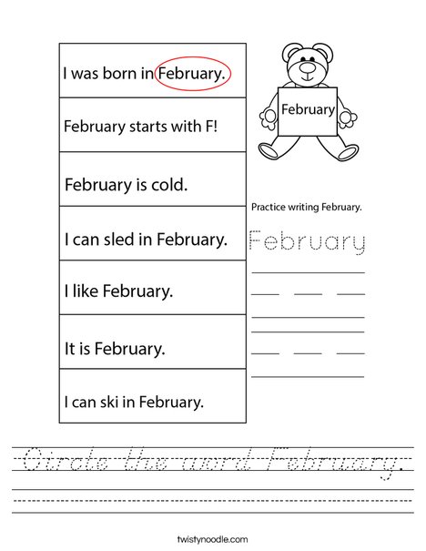 Circle the word February. Worksheet
