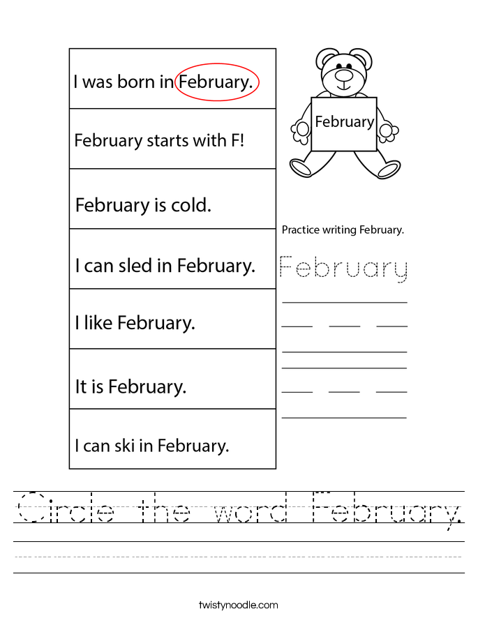Circle the word February. Worksheet
