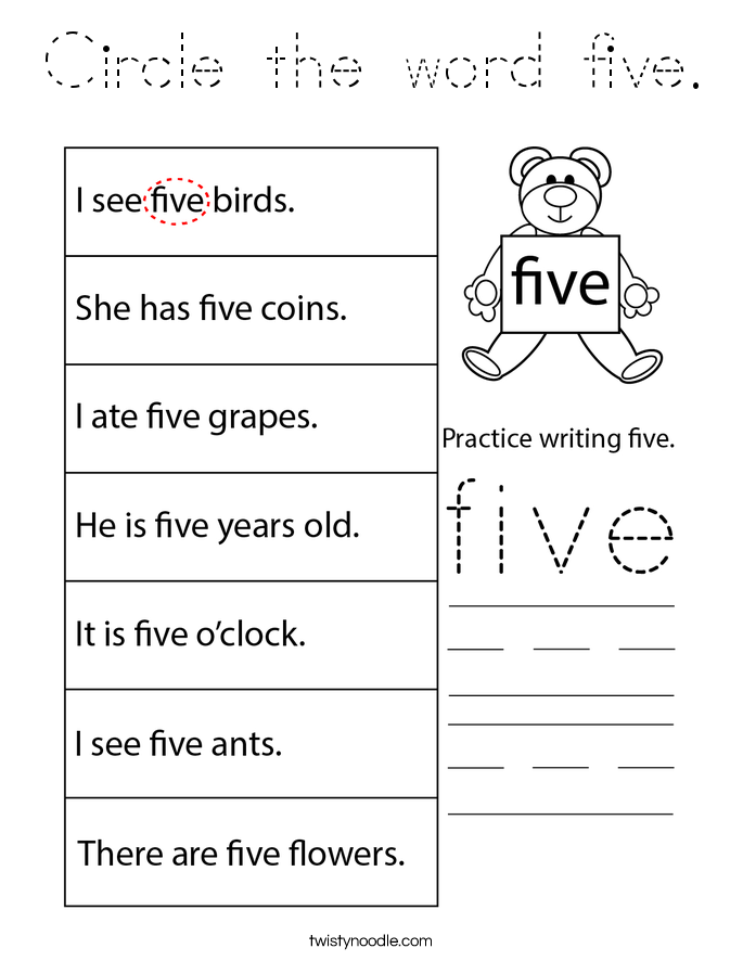 Circle the word five. Coloring Page